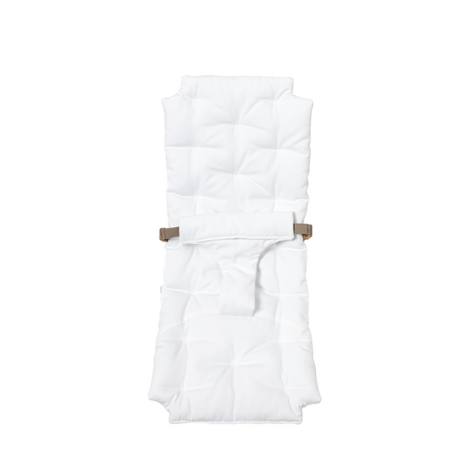 White baby ROCKER COVER  with brown straps on a white background
