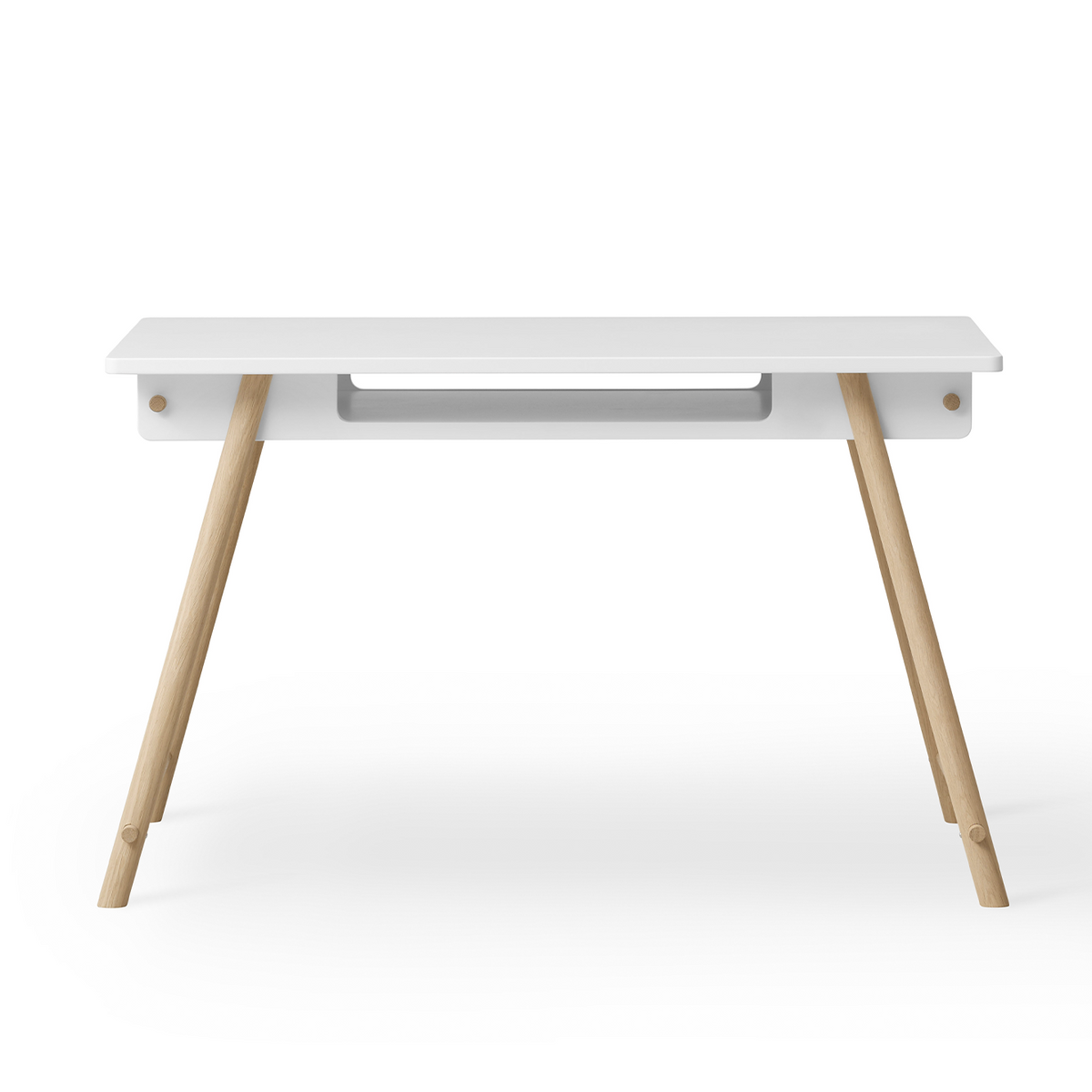 White desk with wooden legs on a white background