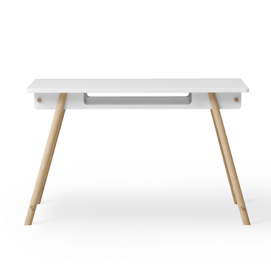 White desk with wooden legs on a white background