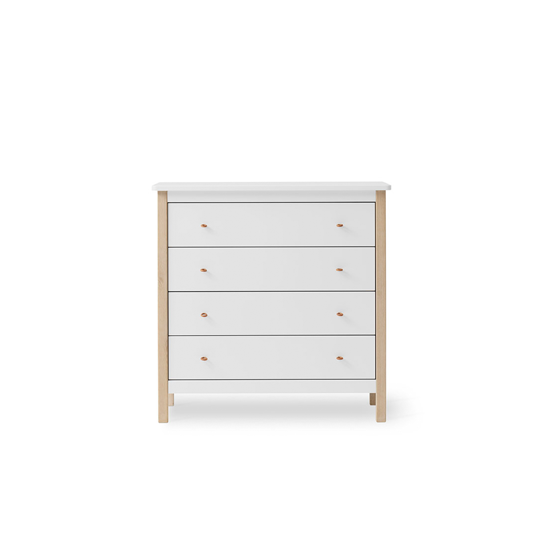 White dresser with wooden legs on a white background