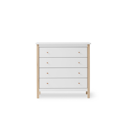 White dresser with wooden legs on a white background