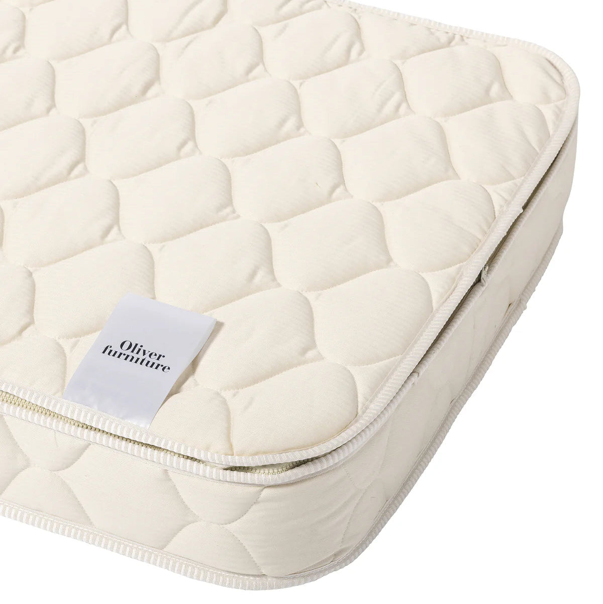 Quilted mattress cover with a visible brand label on a white background