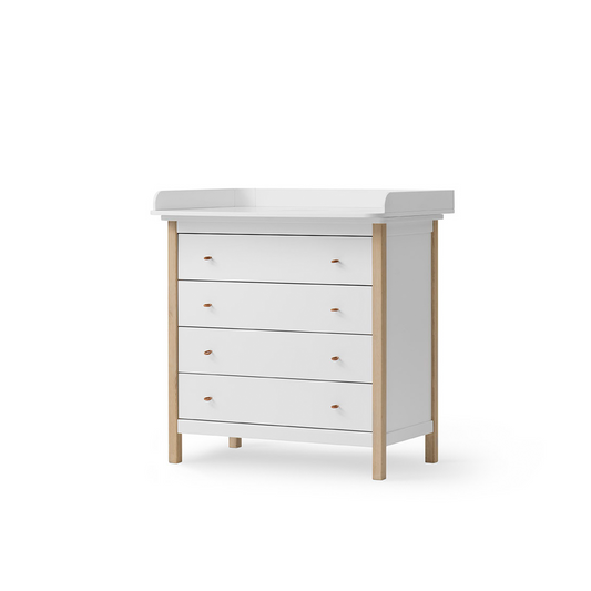 White dresser with wooden legs on a white background