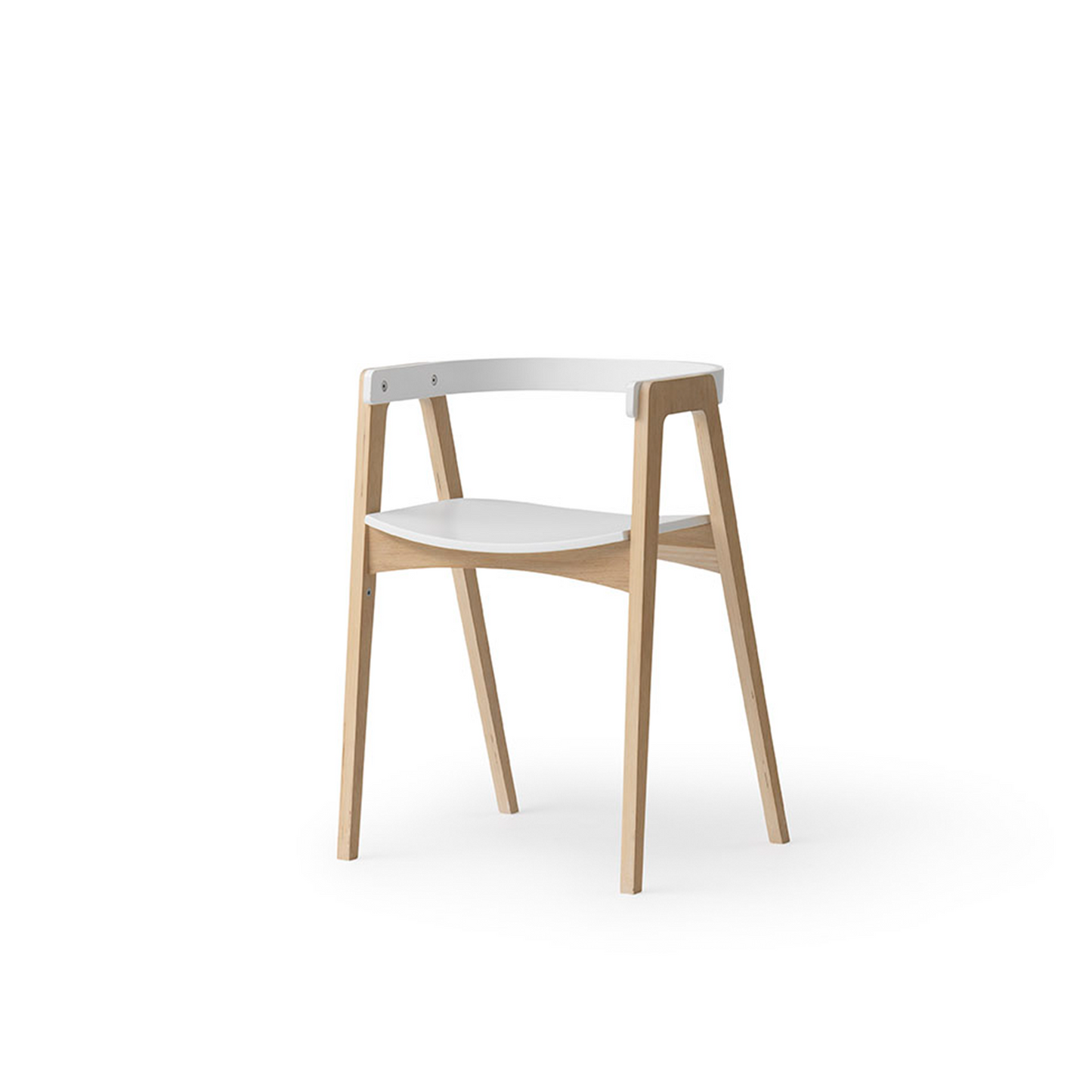 Modern chair with white seat and backrest on a light wood frame against a white background