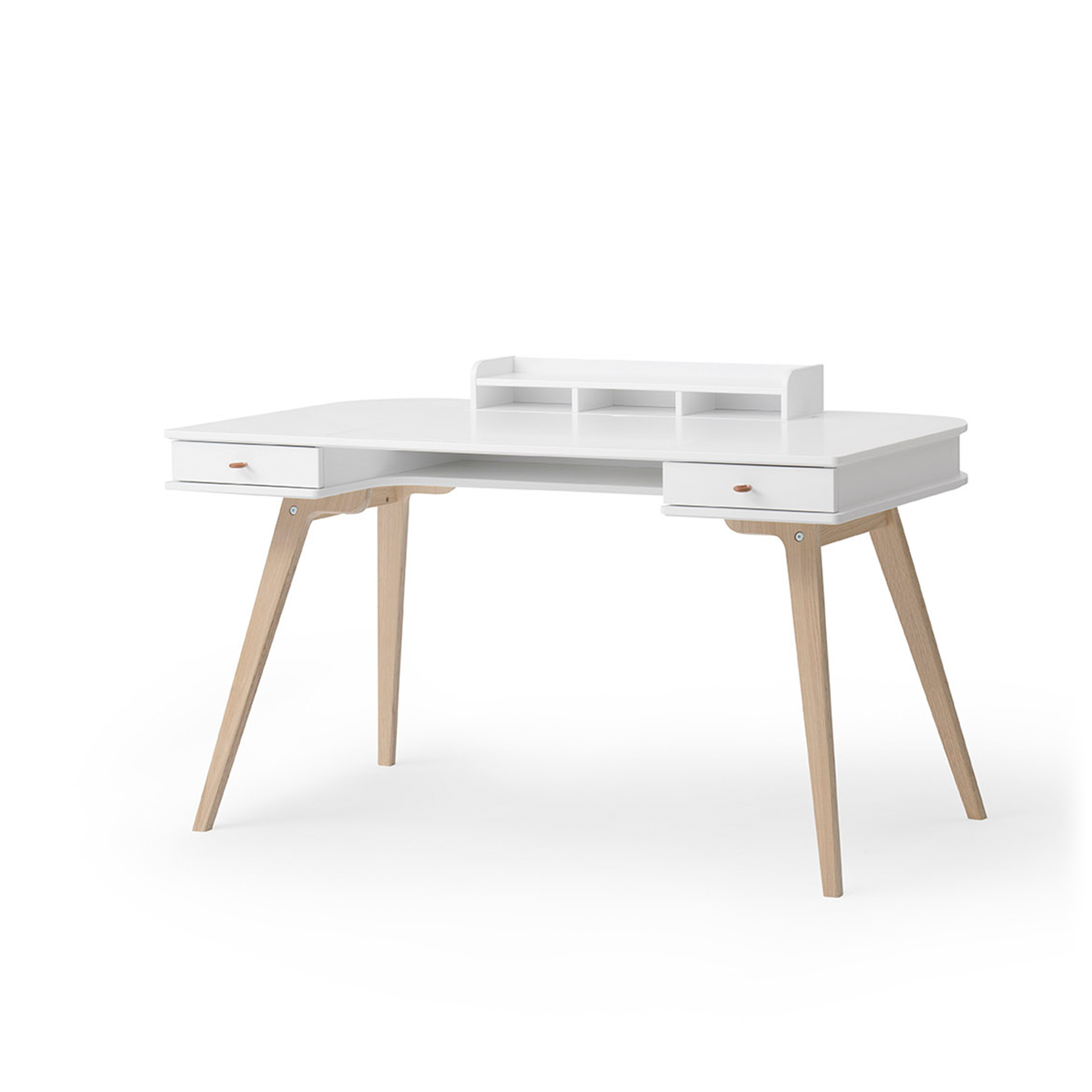 White desk with wooden legs on a white background