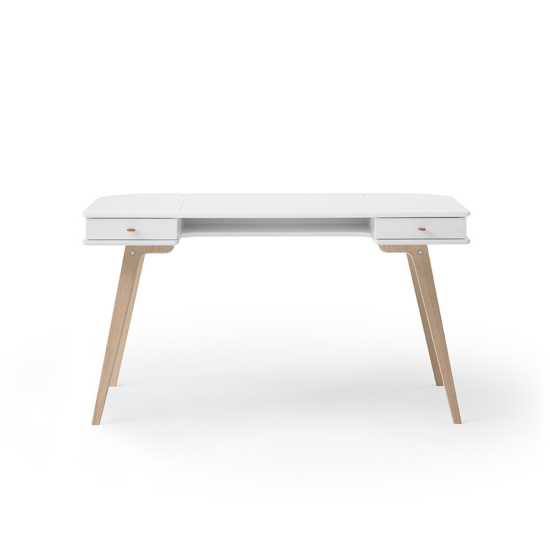 White desk with wooden legs on a white background