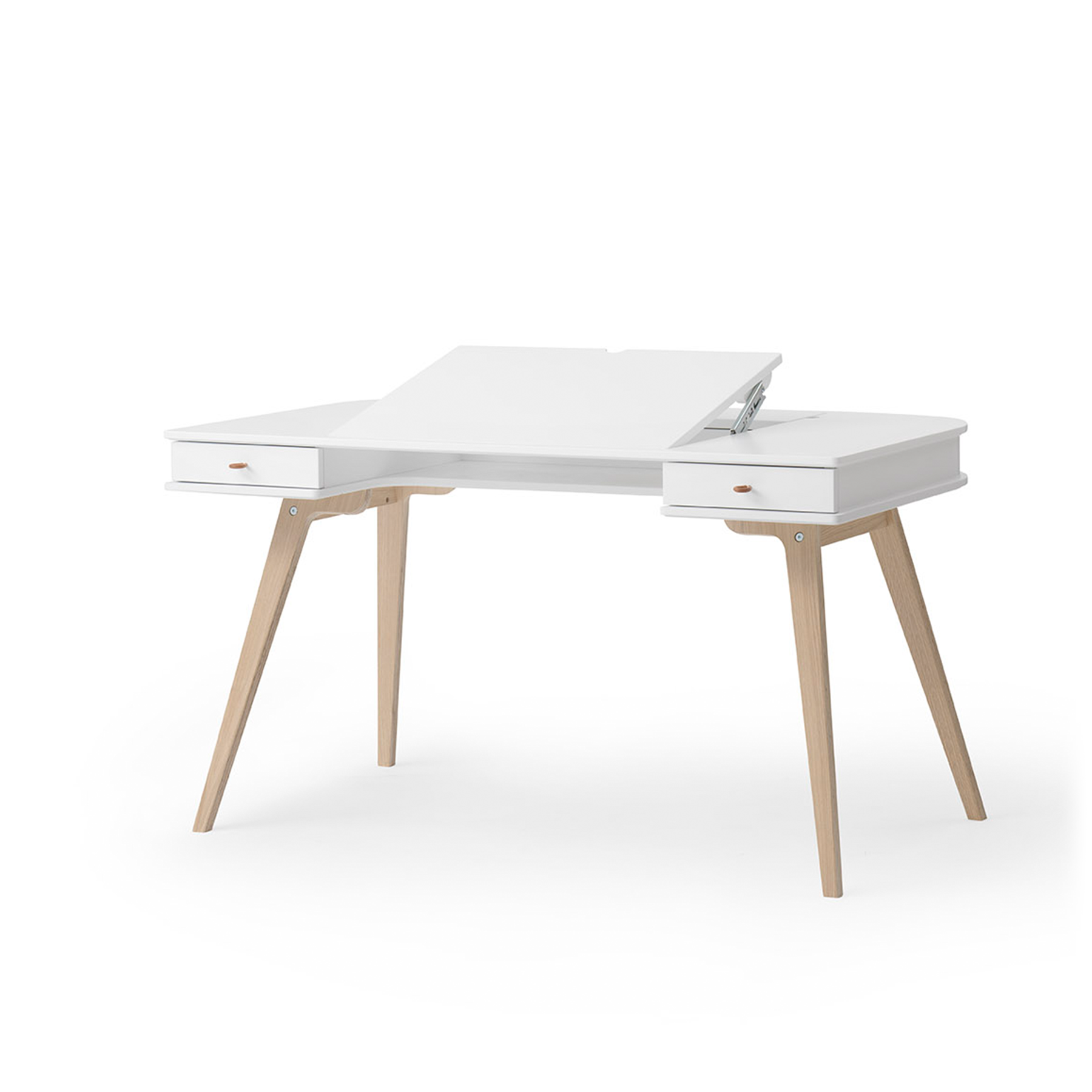 White desk with wooden legs on a white background