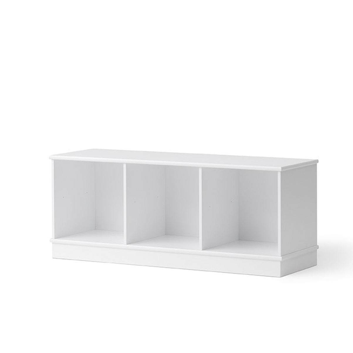 White bookshelf with three compartments on a white background