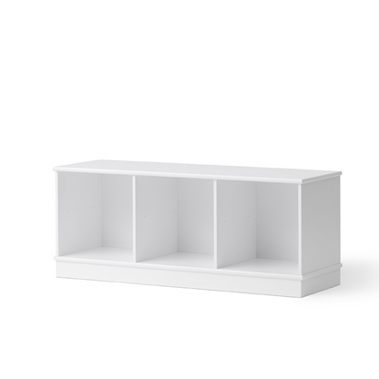White bookshelf with three compartments on a white background