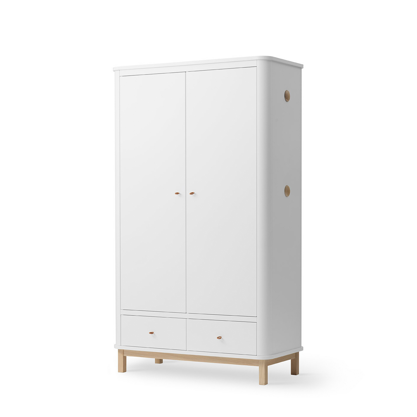 White wardrobe with wooden legs on a white background
