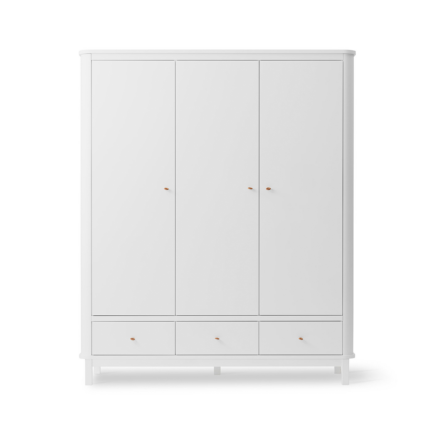 White wardrobe with three doors and two drawers on a white background