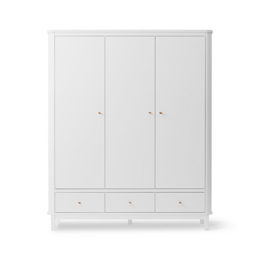 White wardrobe with three doors and two drawers on a white background