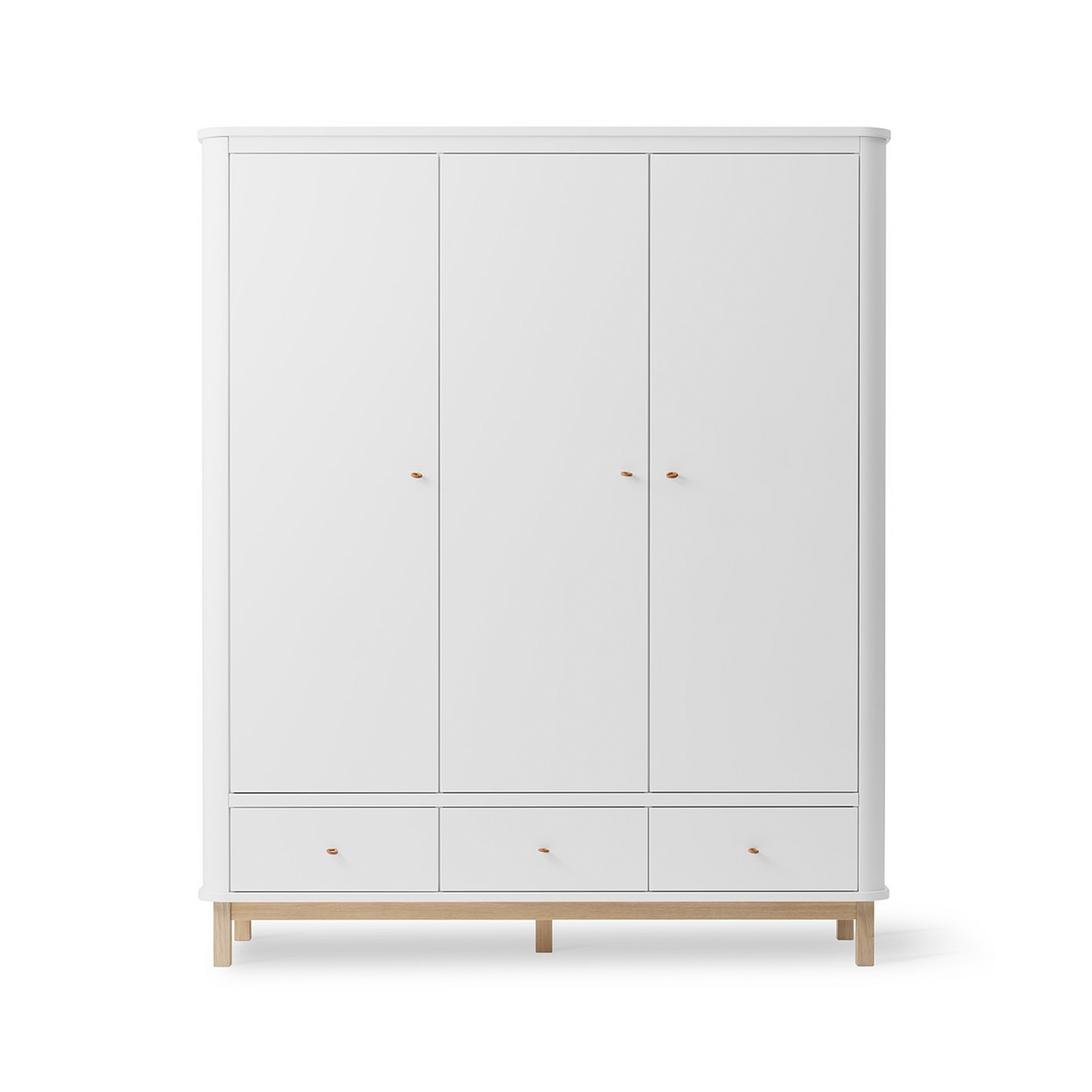 White wardrobe with wooden legs on a white background