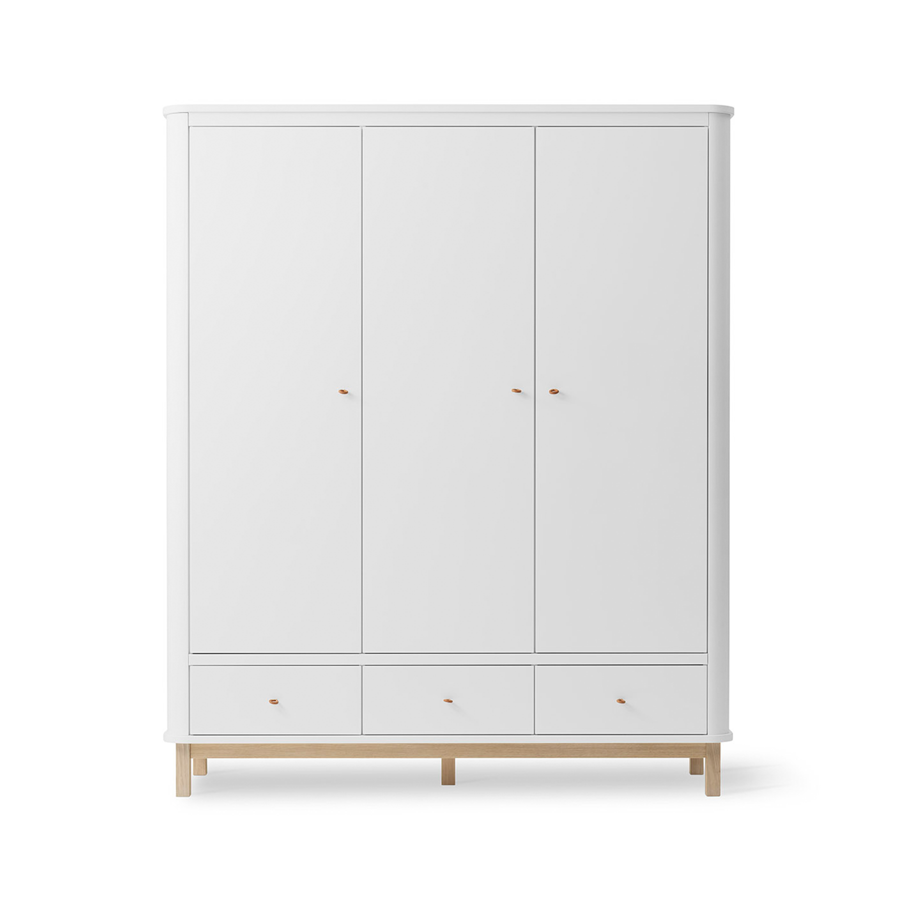 White wardrobe with wooden legs on a white background