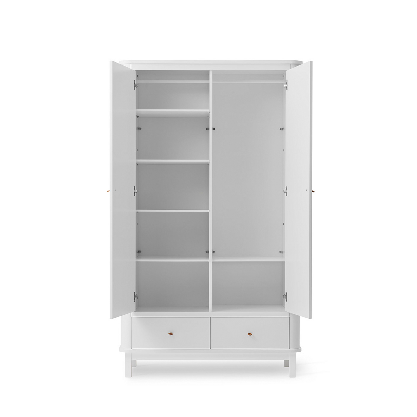 White wardrobe with open doors on a white background