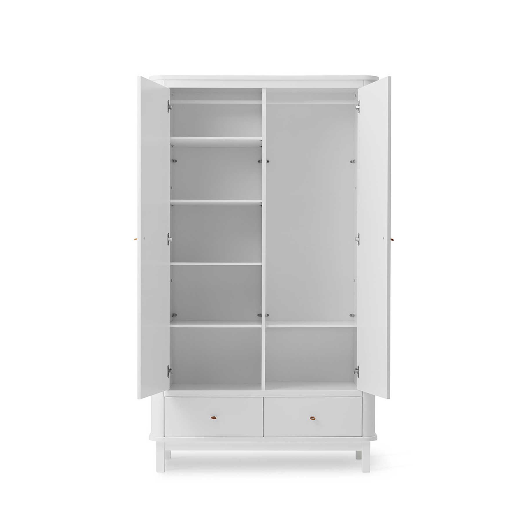 White wardrobe with open doors on a white background