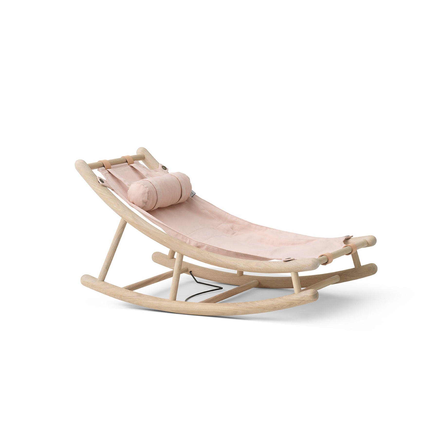 Pink baby swing with beige cushion on a white background