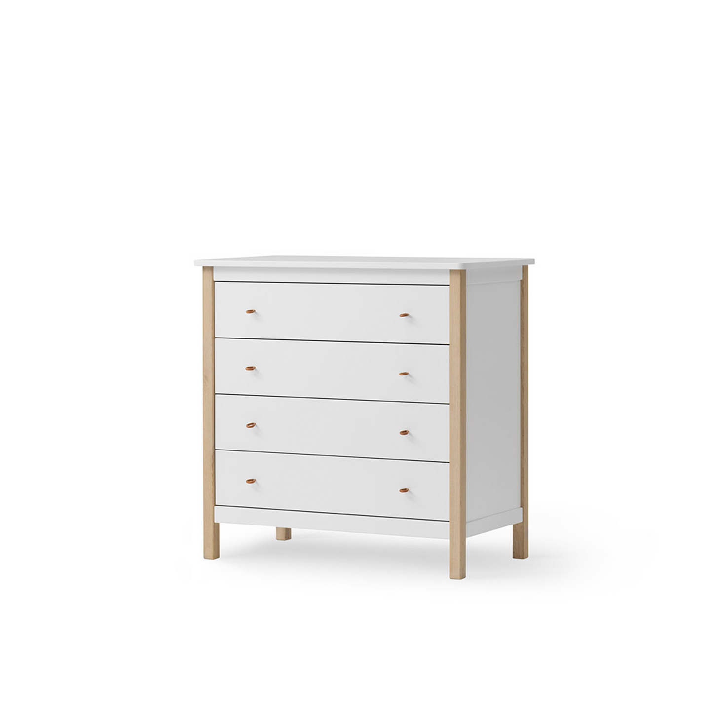 White dresser with wooden legs on a white background