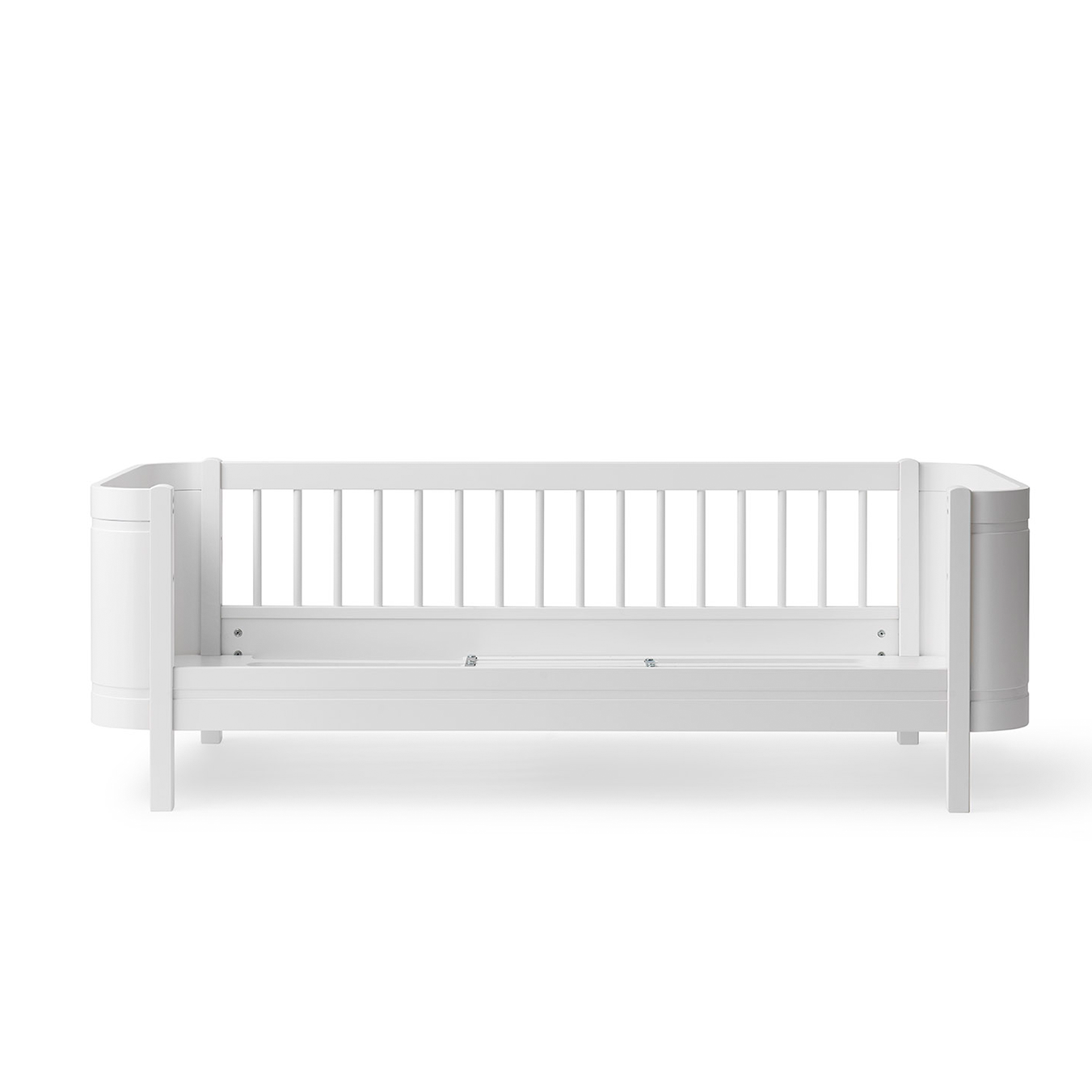 White crib with slatted design on a white background
