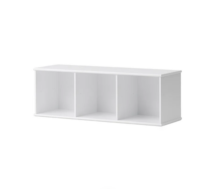 White three-compartment shelf on a white background