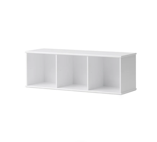 White three-compartment shelf on a white background