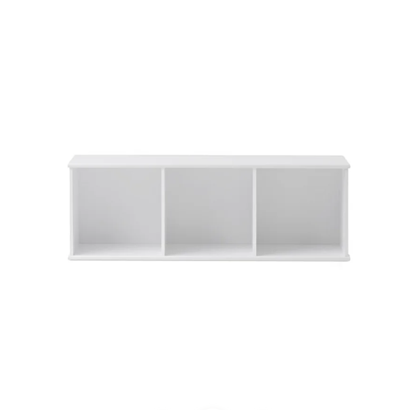 White wall-mounted shelf with three compartments on a white background