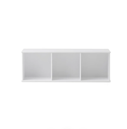 White wall-mounted shelf with three compartments on a white background