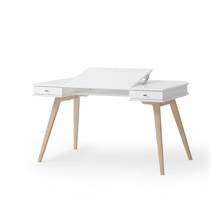 White desk with wooden legs on a white background