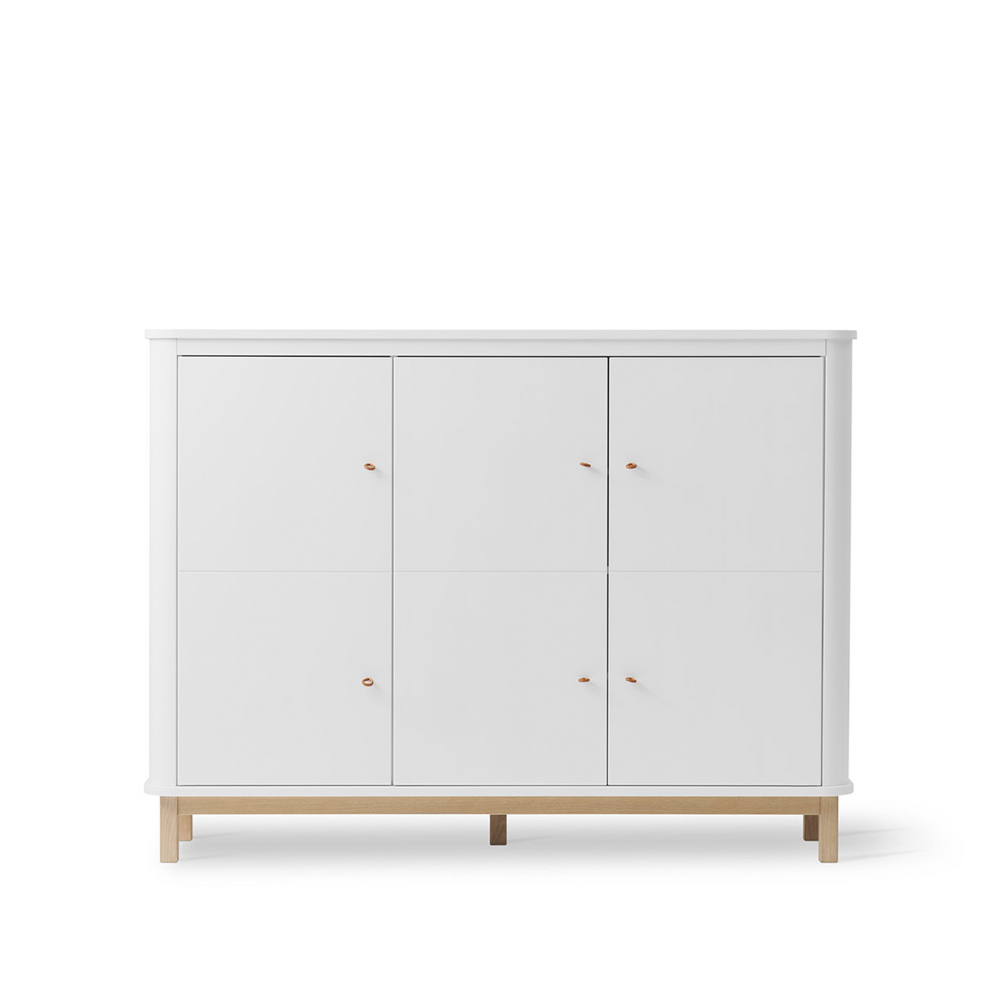 White cabinet with wooden legs on a white background