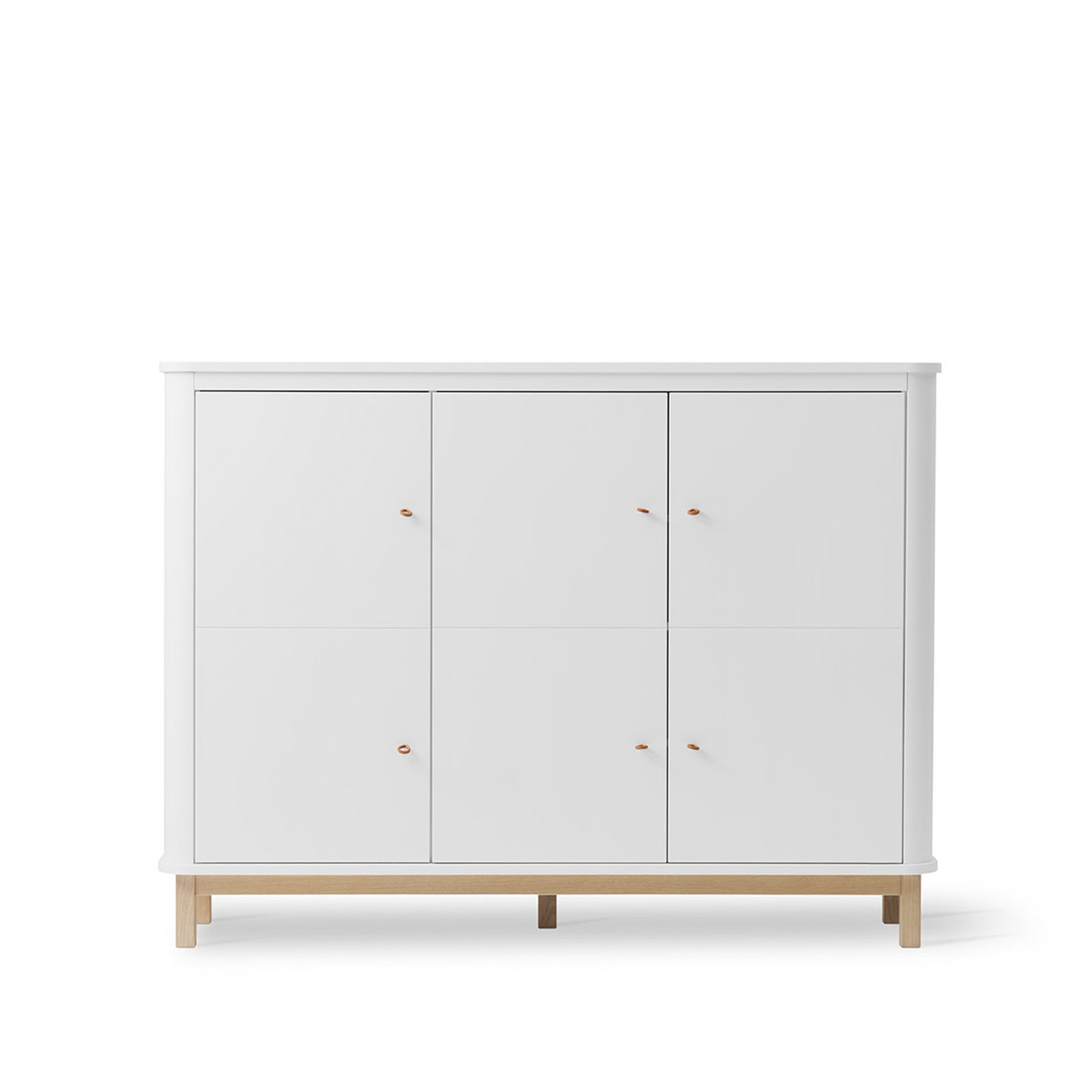 White cabinet with wooden legs on a white background