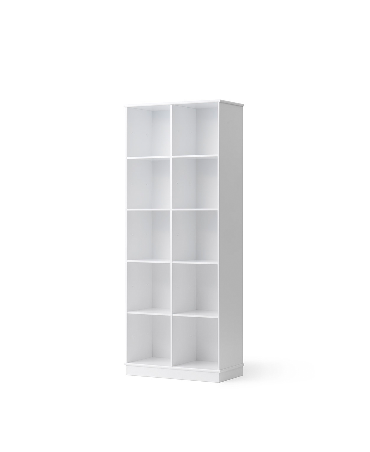 White bookshelf with six shelves on a white background