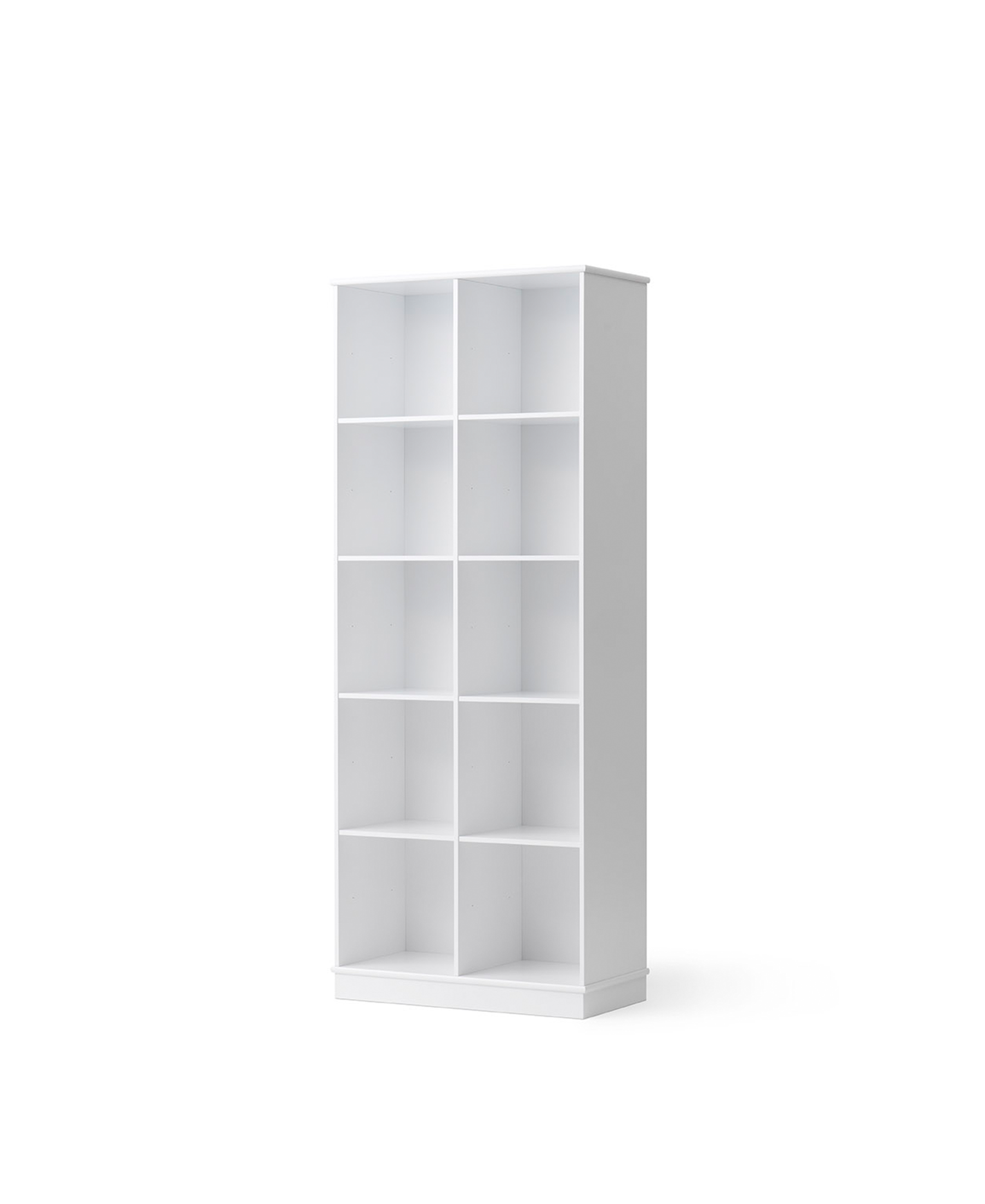 White bookshelf with six shelves on a white background