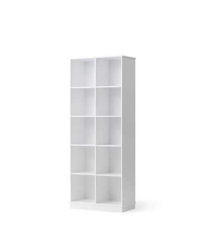 White bookshelf with six shelves on a white background