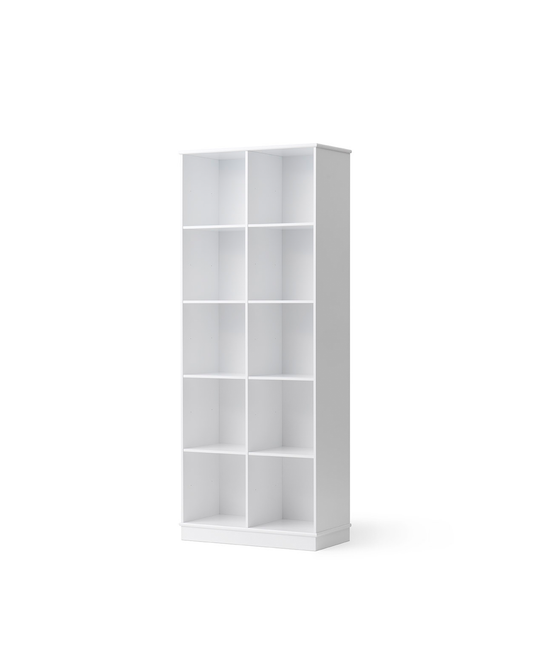 White bookshelf with six shelves on a white background