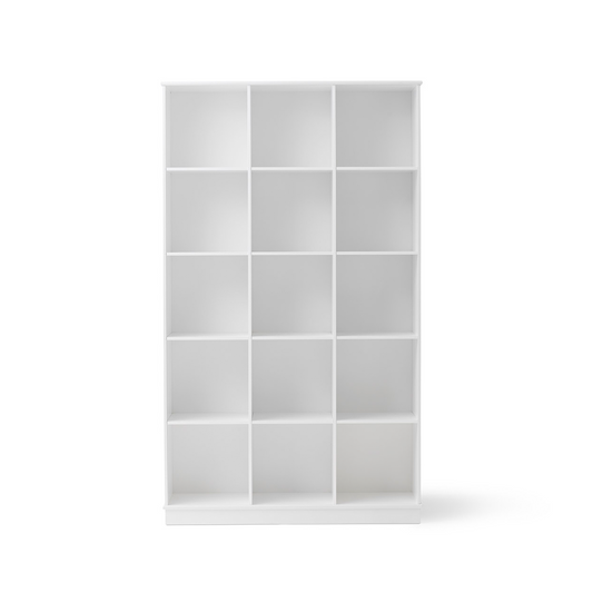 White grid shelf with 12 square compartments on a white background