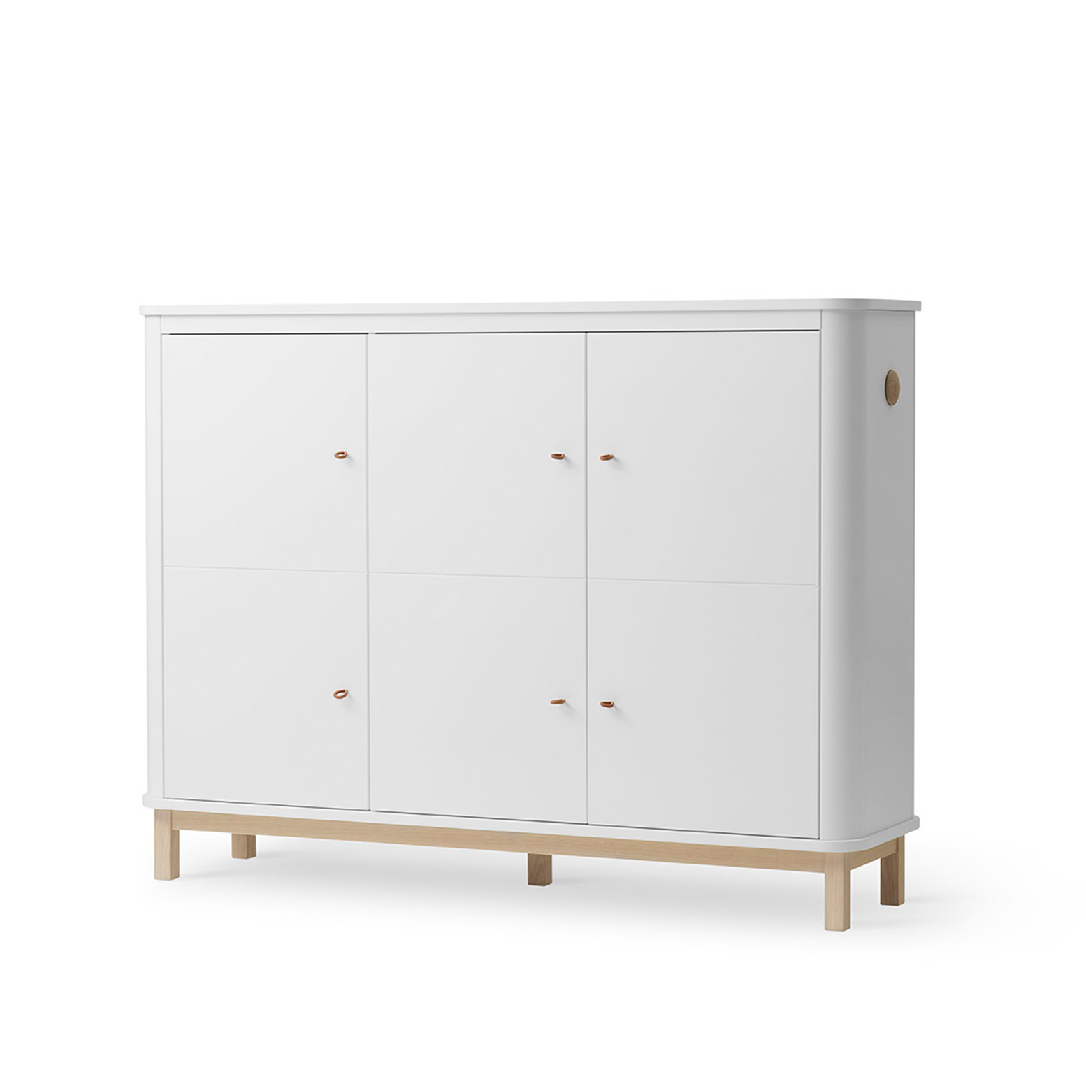 White cabinet with wooden legs on a white background