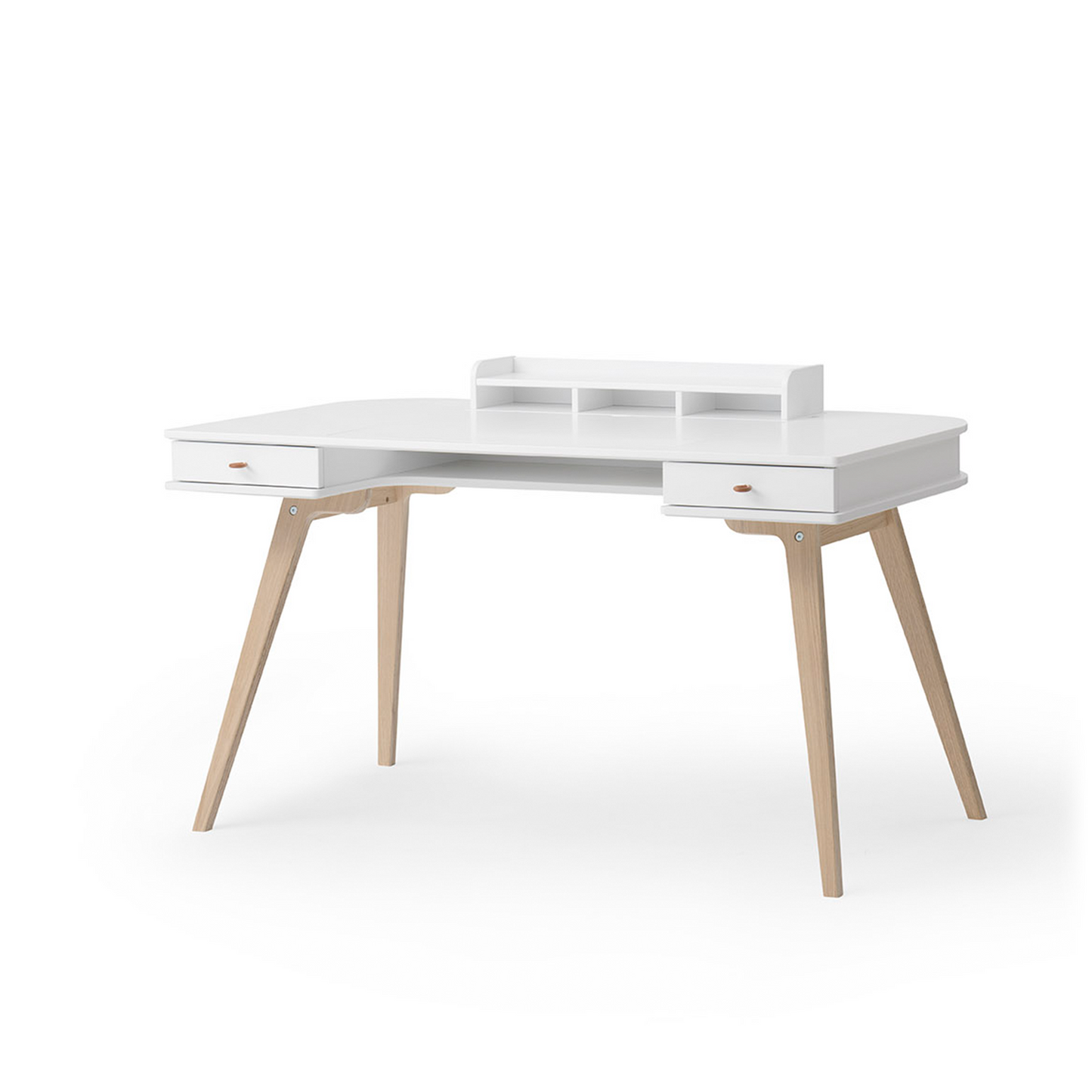 White desk with wooden legs on a white background