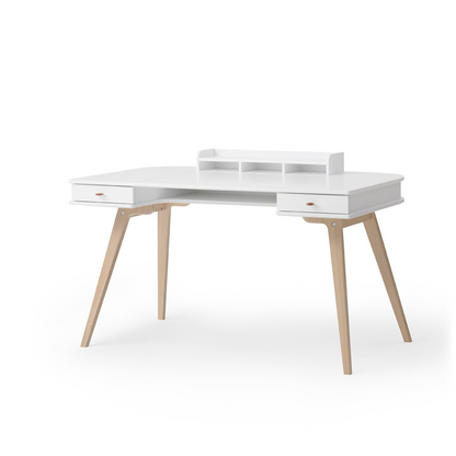 White desk with wooden legs on a white background