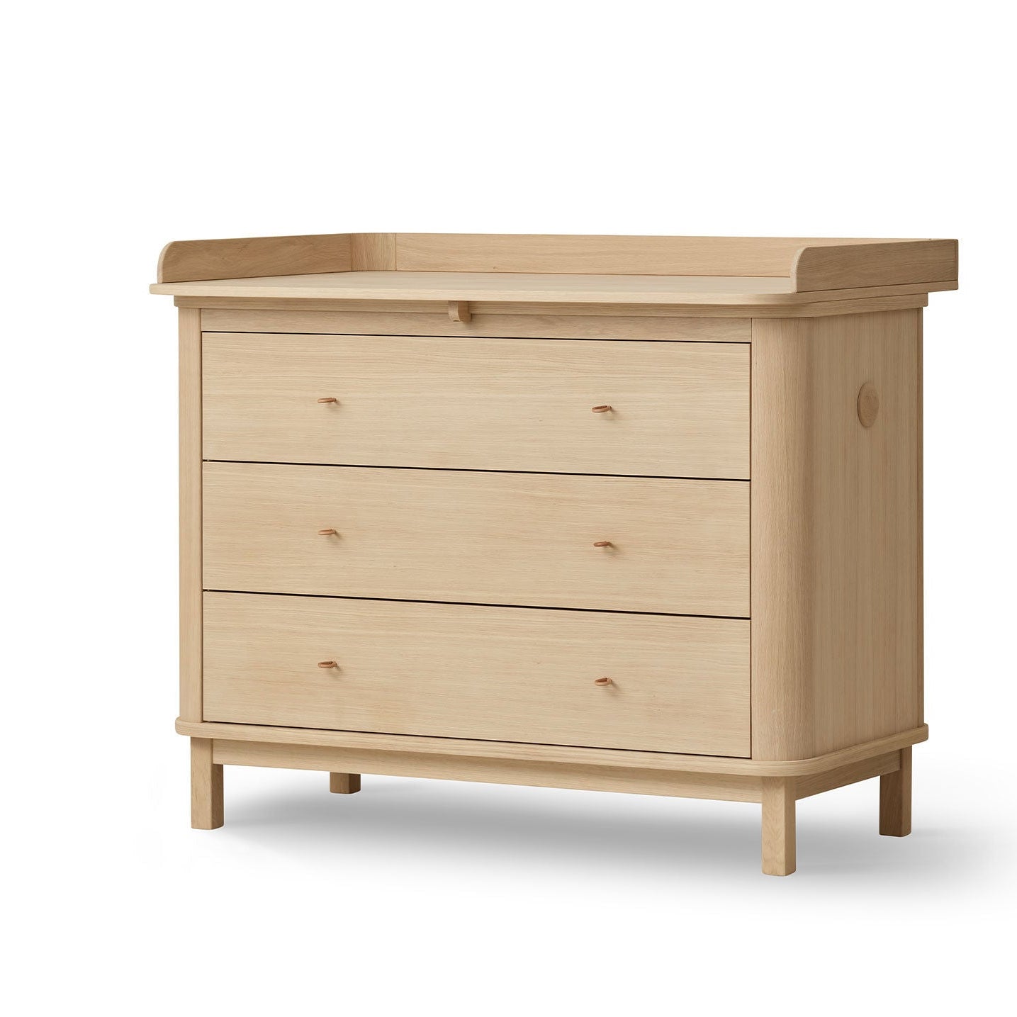 Wooden dresser with three drawers on a white background