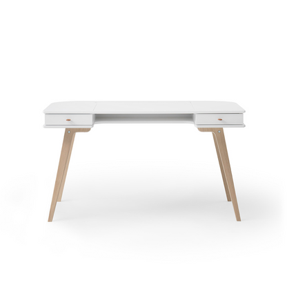 White desk with wooden legs on a white background