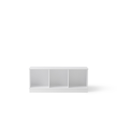 White storage unit with three compartments on a white background