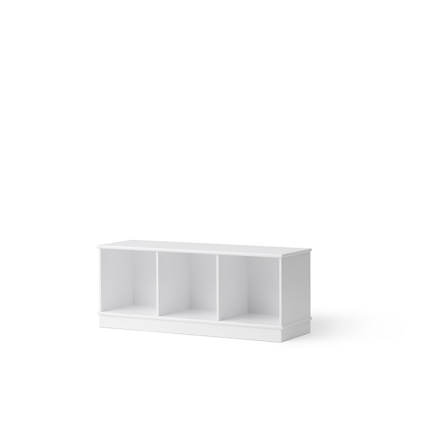 White bookshelf with three compartments on a white background