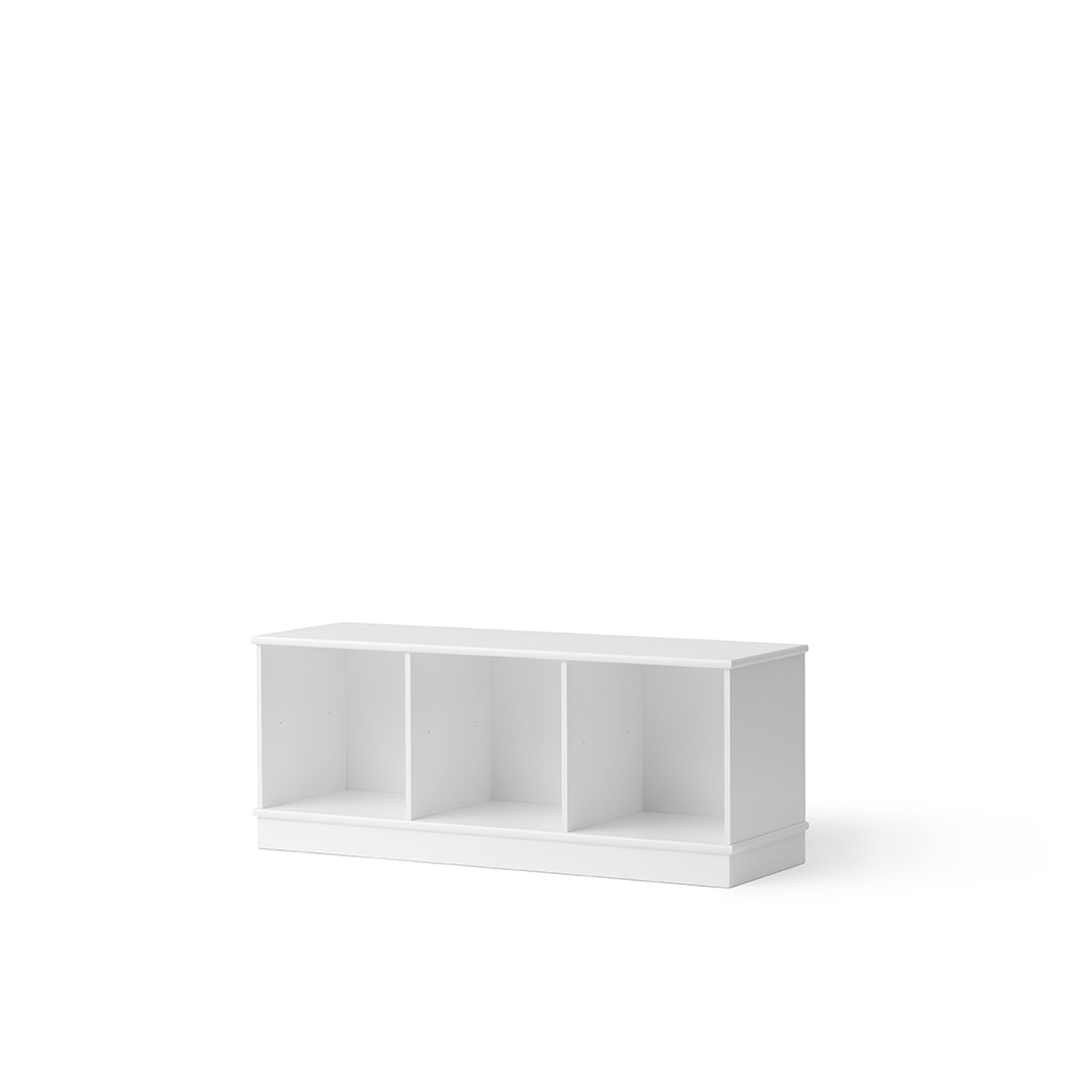 White bookshelf with three compartments on a white background