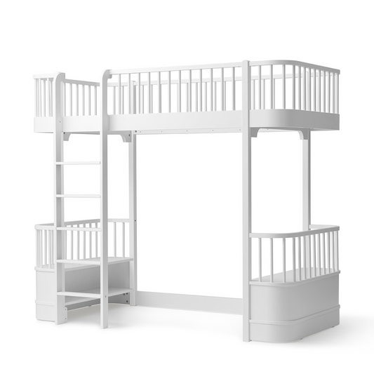 White children's bunk bed with guardrails on a white background