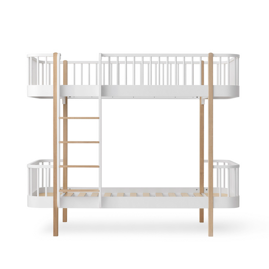 White and beige children's bunk bed on a white background