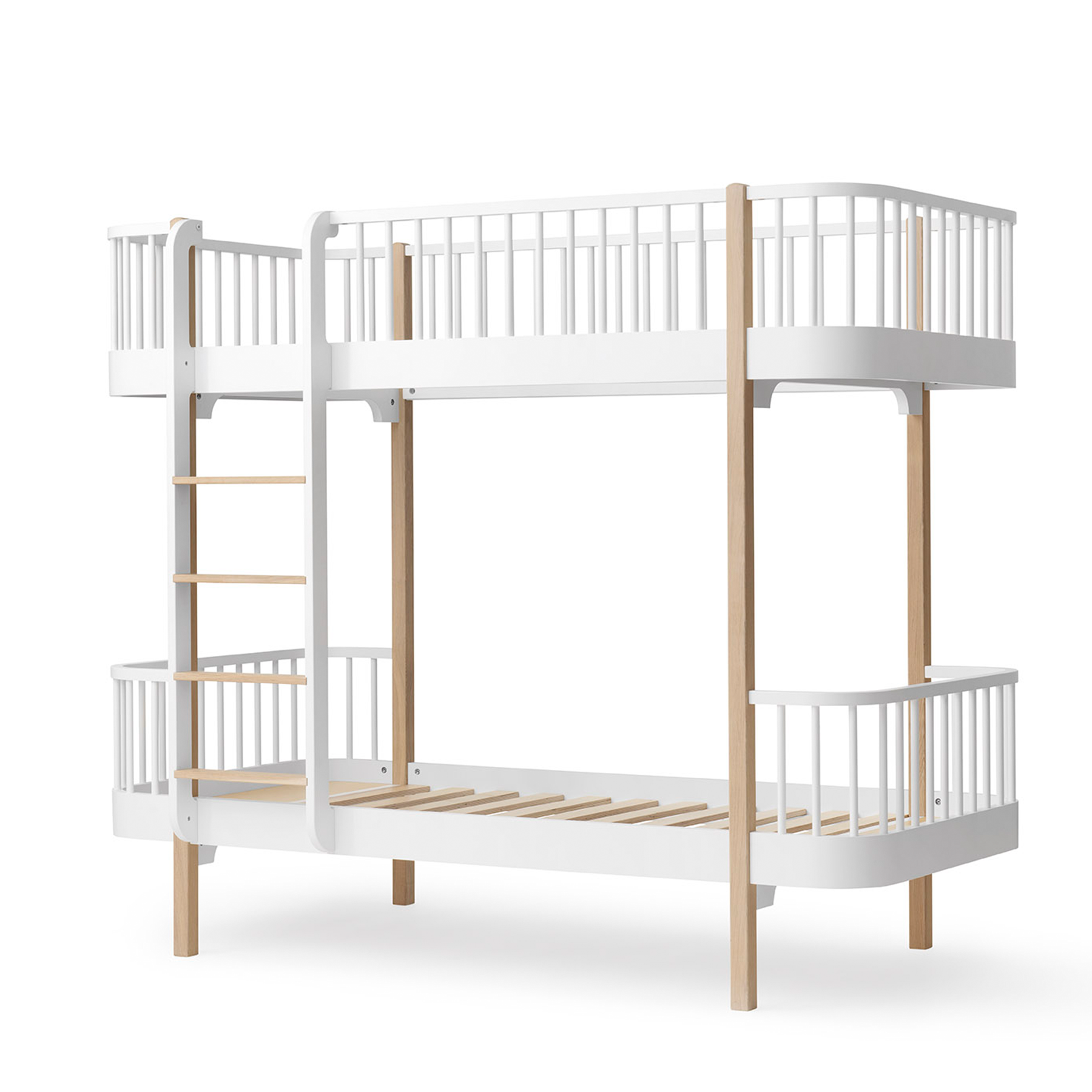 White and beige bunk bed on a white background