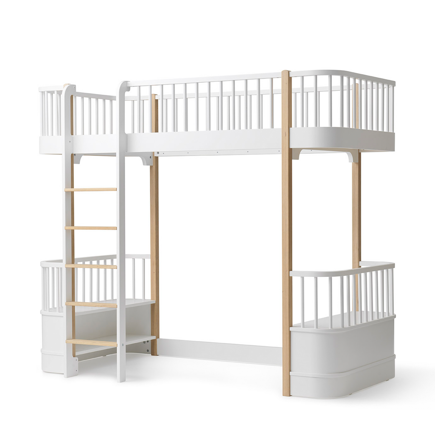 White and light wood bunk bed with a ladder on a white background