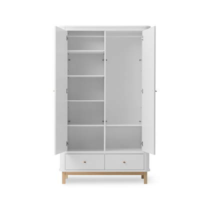 White wardrobe with glass doors and wooden base on a white background