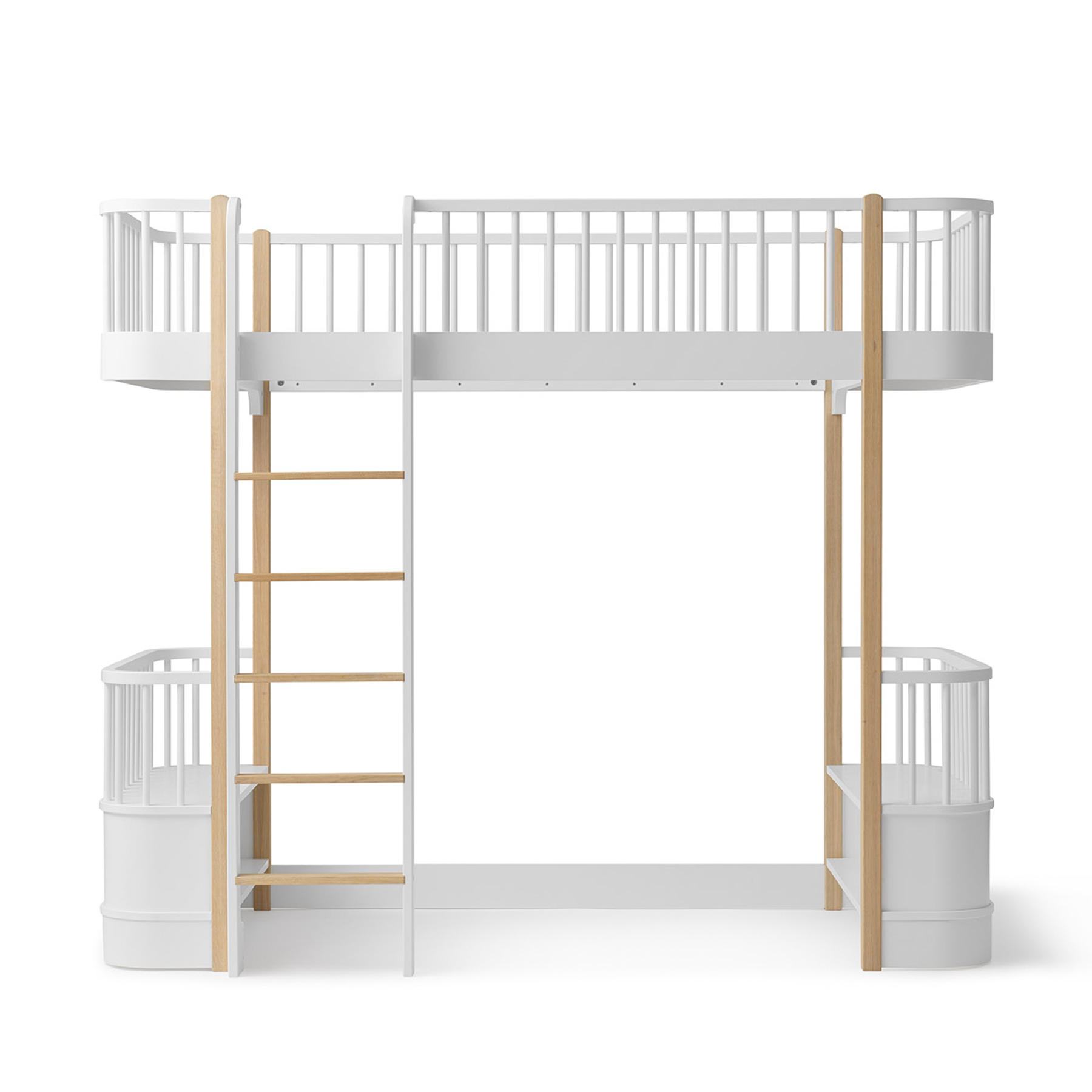 White loft bed with wooden ladder and rails on a white background
