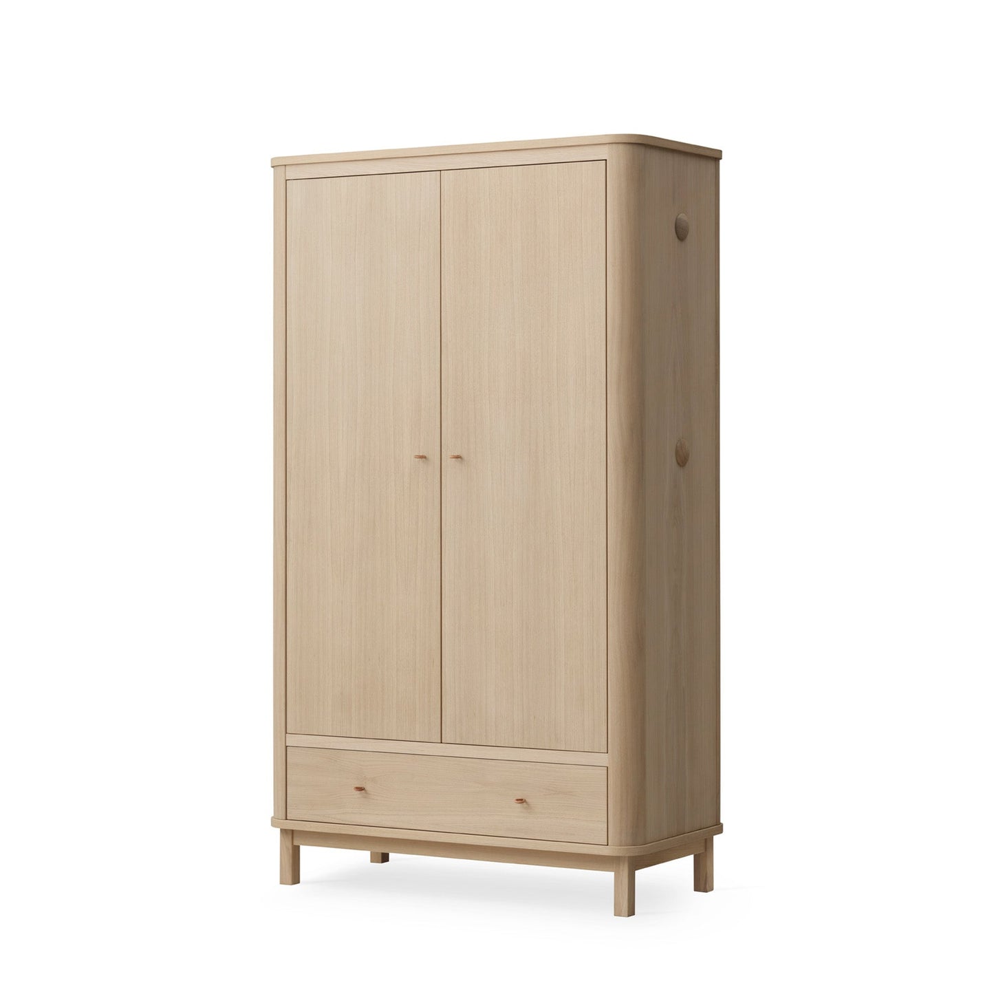 Beige wardrobe with two doors and a drawer on a white background